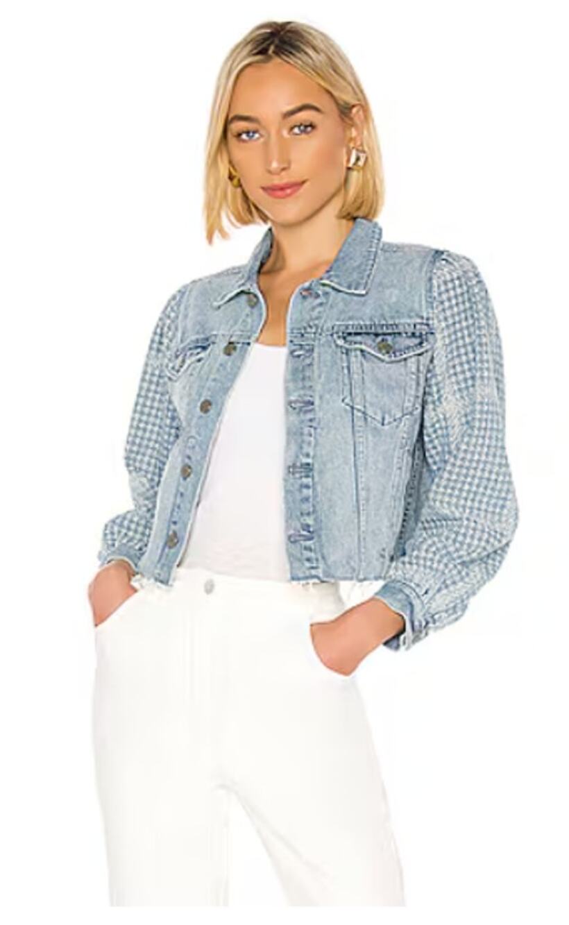 GRLFRND Etta Denim Jacket In Paparazzi Womans M Jacquard Weave Cropped Raw Hem